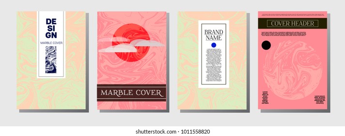 Ocher Marble Ink Texture Cover Set. Liquid Oil Paint A4 Vector Trendy Magazine Design. Ebru Ink Wash Hipster Trendy Package Background Business Corporate Identity Marble Ink Texture Cover.