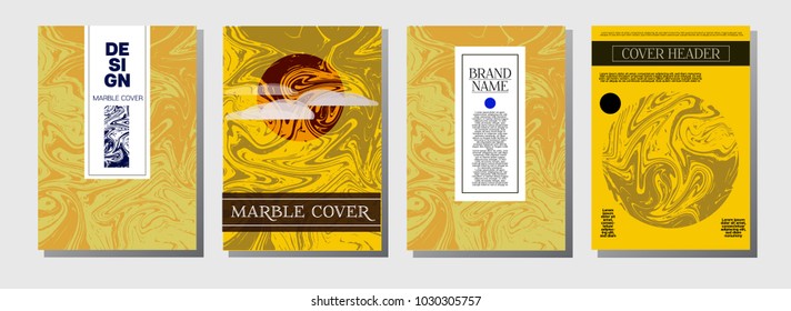 Ocher Marble Ink Texture Cover Set. Liquid Oil Paint A4 Vector Trendy Magazine Design. Ebru Ink Wash Glamour VIP Package Background Futuristic Stone Marble Ink Texture Cover.