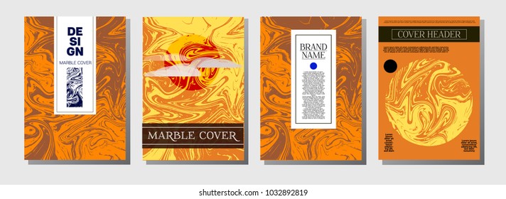 Ocher Marble Ink Texture Cover Set. Liquid Oil Paint A4 Vector Trendy Magazine Design. Ebru Ink Wash Hipster Modern Package Background Corporate Identity Marble Ink Texture Cover, Paper.