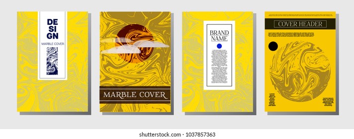 Ocher Marble Ink Texture Cover Set. Liquid Oil Paint A4 Vector Trendy Magazine Design. Ebru Ink Wash Package Background. Corporate Identity Marble Ink Texture Cover, Paper.