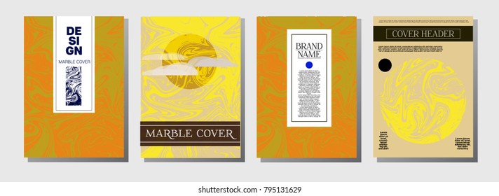 Ocher Marble Ink Texture Cover Set. Liquid Paint A4 Vector Trendy Magazine Design. Ebru Ink Wash Hipster Modern Package Background Abstract Corporate Identity Marble Ink Texture Cover.
