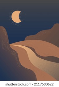 Ocher moon print boho, minimalist printable wall art geometric abstract night landscape print bohemian art, vector.