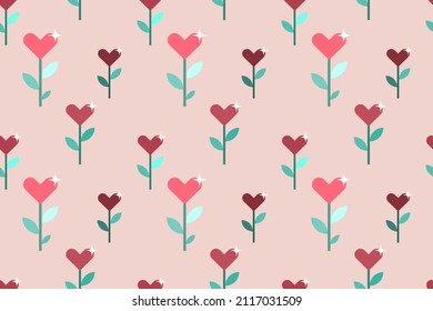 ocher Seamless pattern with cartoon flowers with heart shaped buds on pastel pink background.