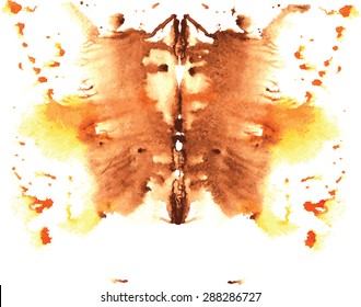 ocher and yellow watercolor symmetrical Rorschach blot on a white background