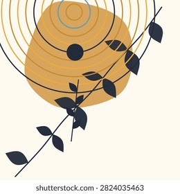 An ocher-colored circular illustration paired with a sharp dark leaf branch representing a perfect harmony between color and form.