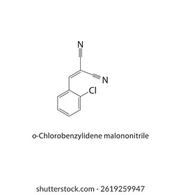 o-Chlorobenzylidene malononitrile skeletal structure. Nitrile compound schematic illustration. Simple diagram, chemical formula.