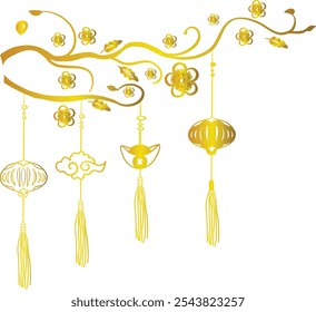 Flor de Ochna (flor de damasco) com decorações: lanternas e moedas de ouro