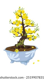 Vector de Ochna integerrima. Arte de Clip del árbol de flor de Ochna. Clipart tradicional de flores de año nuevo de Vietnam, hoa mai. Flor de prueba. Flor de albaricoque. Vector plano en estilo de dibujos animados aislado sobre fondo blanco.