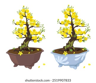 Ochna integerrima Vektor. Ochna Blume Baum Clip Kunst. Vietnam traditionellen neuen Jahr Blume Clipart, hoa mai. Testblume. Aprikosenblüte. Flacher Vektor im Cartoonstil, einzeln auf weißem Hintergrund.