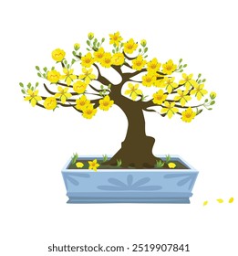 Ochna integerrima Vektor. Ochna Blume Baum Clip Kunst. Vietnam traditionellen neuen Jahr Blume Clipart, hoa mai. Testblume. Aprikosenblüte. Flacher Vektor im Cartoonstil, einzeln auf weißem Hintergrund.