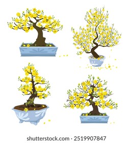 Ochna integerrima vector. Ochna flower tree clip art. Vietnam traditional new year flower clipart, hoa mai. Tet flower. Apricot blossom. Flat vector in cartoon style isolated on white background.