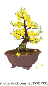 Vetor Ochna integerrima. Vietnã tradicional clipart flor ano novo, hoa mai. Tet flor. Flor de damasco. Vetor plano em estilo de desenho animado isolado no fundo branco.