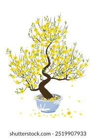 Vector de Ochna integerrima. Arte de Clip del árbol de flor de Ochna. Clipart tradicional de flores de año nuevo de Vietnam, hoa mai. Flor de prueba. Flor de albaricoque. Vector plano en estilo de dibujos animados aislado sobre fondo blanco.