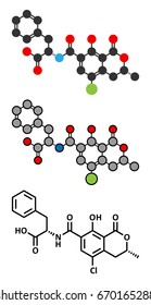 Ochratoxin A mycotoxin molecule. Conventional skeletal formula and stylized representations.
