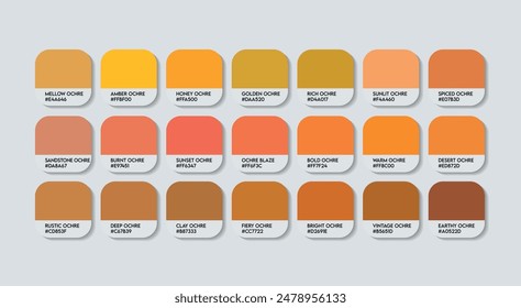 Ochre Color Palette, Ochre Color Guide Palette with Color Names. Catalog Samples of Ochre with RGB HEX codes and Names. Plastic, Paint, and Fashion Trend Red and Yellow Fire Colour Palette Vector Desi