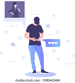 ocial media stalking. Invasion in online privacy. Cyberstalking, following, geotagging. Guy with binoculars looking at girls social profile. Vector isolated concept metaphor illustration