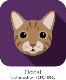 Ocicat Cat, Cat breed face cartoon flat icon design