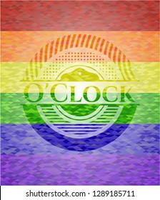O'Clock emblem on mosaic background with the colors of the LGBT flag