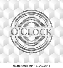 O'Clock retro style grey emblem with geometric cube white background