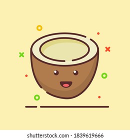 oconut cute mascot face emotion happy fruit with color flat cartoon outline style