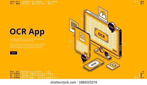 OCR app banner. Optical character recognition online service for scan and digitalisation text from paper document and image. Vector landing page with isometric smartphone, tablet and computer