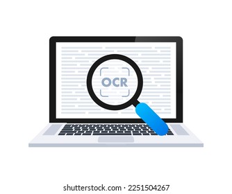 OCR - Optical character recognition. Document scan. Process of recognizing document. Vector stock illustration.