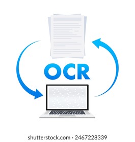 OCR - Reconocimiento óptico de caracteres. Escaneo de documentos. Proceso de reconocimiento del documento. ilustración de stock de Vector