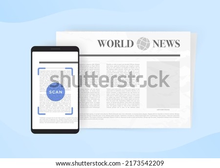OCR - Optical Character Recognition illustration. OCR software that recognizes characters scanned image file, books, newspapers and other paper documents into digital text. Vector illustration icon.
