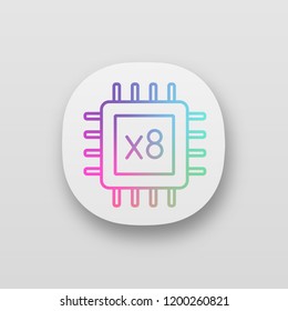 Octa core processor app icon. Eight core microprocessor. Microchip, chipset. CPU. Central processing unit. Multi-core processor. Integrated circuit. UI/UX interface. Vector isolated illustration