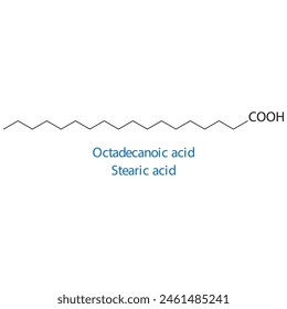 Octadecanoic acid, Stearic acid molecule skeletal structure diagram.fatty acid compound molecule scientific illustration on white background.