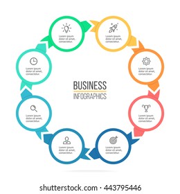 Octagon chart, graph, diagram with 8 steps, options, parts, processes with arrows. 