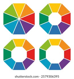 Octagon charts divided in 8 segments.Colorful infographic templates set vector illustration. Pie chart with octagon shapes.