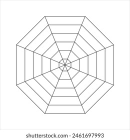 Achteckdiagramm, geteilt in 8 gleiche Segmente. Statistik- oder Analysediagramm, Radar- oder Spinnendiagramm, Lebensrad- oder Gewohnheitstracker-Vorlage isoliert auf weißem Hintergrund. Grafik-Illustration der Vektorgrafik.