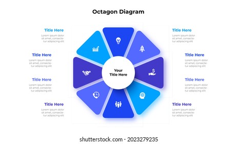 Octagon is divided into 8 parts. Concept of eight options of business project management. Vector illustration for data analysis visualization.