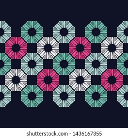 Octagon. Ethnic boho seamless pattern. Lace. Embroidery on fabric. Patchwork texture. Weaving. Traditional ornament. Tribal pattern. Folk motif. Can be used for wallpaper, textile, wrapping, web.