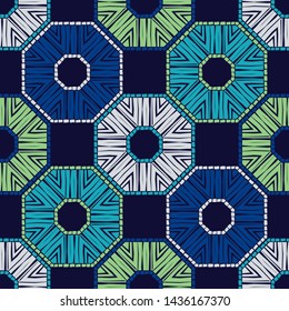 Octagon. Ethnic boho seamless pattern. Lace. Embroidery on fabric. Patchwork texture. Weaving. Traditional ornament. Tribal pattern. Folk motif. Can be used for wallpaper, textile, wrapping, web.