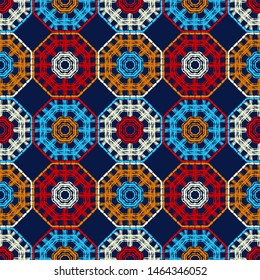 Octagon. Ethnic boho seamless pattern. Lace. Embroidery on fabric. Patchwork texture. Weaving. Traditional ornament. Tribal pattern. Folk motif. Can be used for wallpaper, textile, wrapping, web.