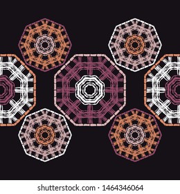 Octagon. Ethnic boho seamless pattern. Lace. Embroidery on fabric. Patchwork texture. Weaving. Traditional ornament. Tribal pattern. Folk motif. Can be used for wallpaper, textile, wrapping, web.