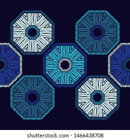 Octagon. Ethnic boho seamless pattern. Lace. Embroidery on fabric. Patchwork texture. Weaving. Traditional ornament. Tribal pattern. Folk motif. Can be used for wallpaper, textile, wrapping, web.