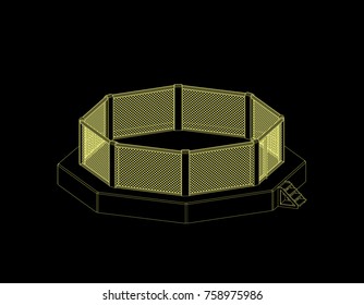 Octagon fight cage. Isolated on black background. Vector outline illustration. Dimetric projection.