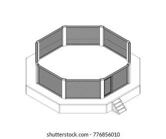 Octagon fight cage. Isolated on white background. Vector outline illustration. Isometric projection.