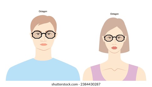 Gafas de marco de octagon en la ilustración de accesorios de moda de carácter plano para mujeres y hombres. Estilo de silueta de vidrio solar unisex, anteojos de gafas de lente con contorno de esbozo aislado en fondo blanco