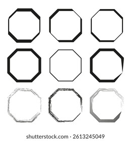 Octagon frame set. Vector clean lines. Black sharp edges. White flat background.