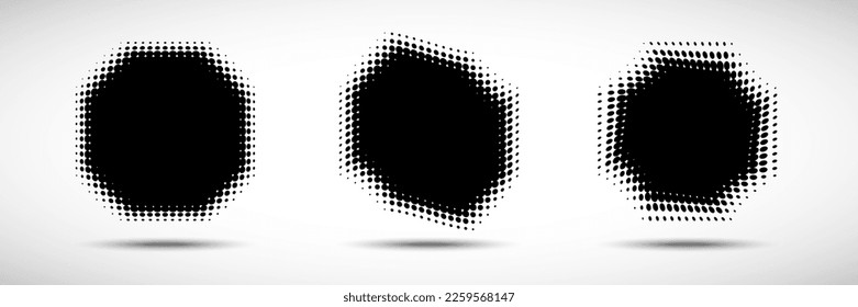Octagon halftone frame. Grunge set of halftone polygons. Distort shapes. Vector illustration