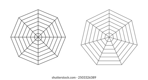 Achteck, Heptagon-Radar, Vorlage für Spinnendiagramm. Spinnennetz. Polygongraphen. Diagramm für Statistik, Analyse. Leere Radardiagramme. Coaching-Tool. Gitter mit Segmenten. Kreisdiagramm. Grafische Darstellung