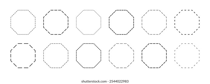 Formas octógono ou favo de mel com linhas tracejadas. Figuras geométricas pontilhadas isoladas sobre fundo branco. Corte aqui pictogramas. Ilustração de contorno de vetor.