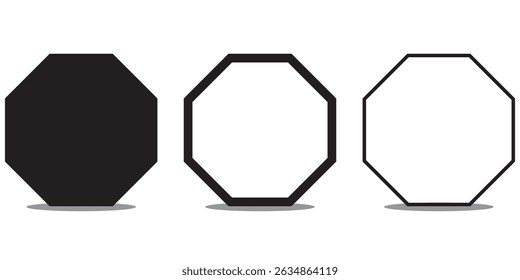 Ícone octógono de geometria vetorial octogonal de polígono de oito lados em linha octógono. Ícone octógono definido em cores pretas no plano de fundo branco.