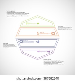 Octagon illustration infographic template created from four simple parts created from double outlines with space for number, text of simple sign. Each part has different color and background is light.