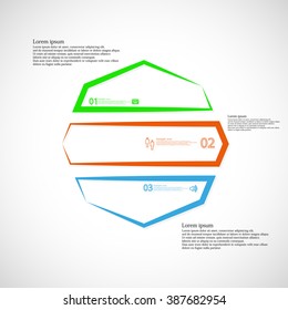 Octagon illustration infographic template created from three simple parts created from outlines with space for number, text of simple sign. Each part has different color and background is light.