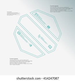 Octagon infographic illustration template askew divided to three blue parts. Each part contain text, number and sign and is created by double outline contour.